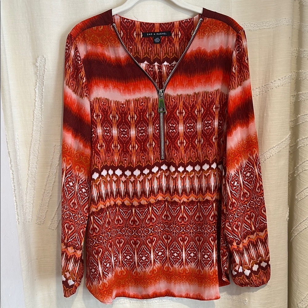 Zac & Rachel Red and Orange Boho Peasant Blouse with Extra Large Zip Size Large